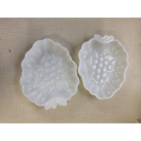 Other - Vintage Milk Glass Grape Leaf Trinket Dish Set of 2 White Scalloped Small Bowls